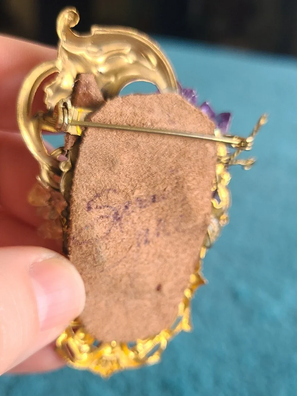 Hand Crafted Gold-Tone Brooch with Deep Purple Cabochon and Amethyst Chips